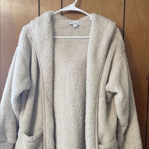 Fuzzy cardigan with hood and pockets